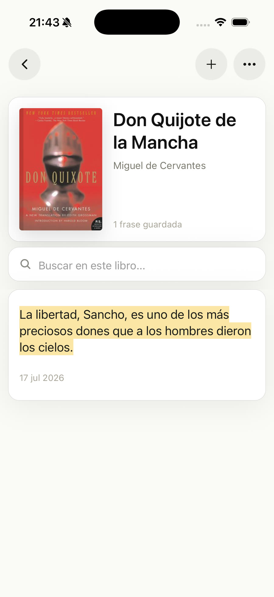 Detalle de un libro con una frase guardada y búsqueda en Afterline