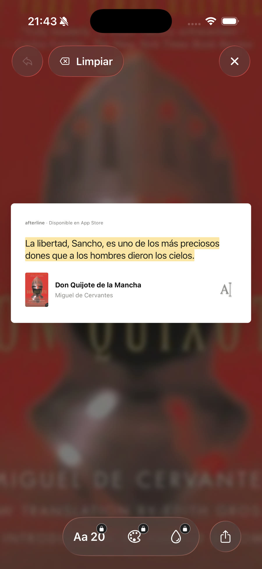 Composición editorial de una frase preparada para compartir desde Afterline